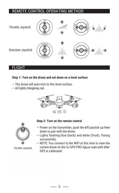 9SJ-GPS PRO_XXXXREMOTE CONTROL OPERATING METHODThrottle JoystickThrottle JoystickDirection JoystickTurn LeftUPDOWNTurn RightForwardLeftRightBackwardFLIGHTStep 1: Turn on the drone and set down on a level surface— The drone will auto-trim to this level surface.— All lights blingking red.— Power on the transmitter, push the left joystick up then     down to pair with the drone.— Lights flashing blue (back) and white (front). Paring     successfully.— NOTE: You connect to the WIFI at this time to view the     current drone on the SJ GPS PRO App,or wait until after     GPS is calibrated.Step 2: Turn on the remote controlStep 3: Connect APP— Connect your smart phone to the WIFI of Drone and check     the drone’s status on the “SJ-GPS PRO_XXXX APP.