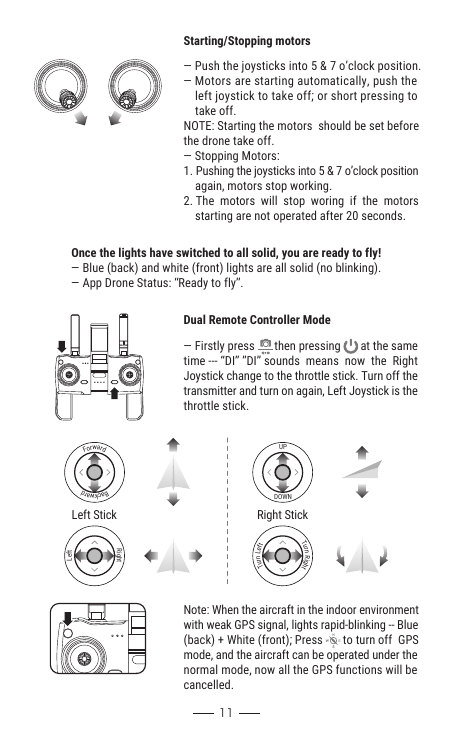 11— Push the joysticks into 5 &amp; 7 o’clock position.— Motors are starting automatically, push the     left joystick to take off; or short pressing to     take off.NOTE: Starting the motors  should be set before the drone take off.— Stopping Motors:1. Pushing the joysticks into 5 &amp; 7 o’clock position     again, motors stop working.2. The  motors  will  stop  woring  if  the  motors     starting are not operated after 20 seconds.Starting/Stopping motorsOnce the lights have switched to all solid, you are ready to fly!— Blue (back) and white (front) lights are all solid (no blinking).— App Drone Status: “Ready to fly”.       — Firstly press       then pressing       at the same time --- “DI” ”DI” sounds  means  now  the  Right Joystick change to the throttle stick. Turn off the transmitter and turn on again, Left Joystick is thethrottle stick.Dual Remote Controller ModeNote: When the aircraft in the indoor environment with weak GPS signal, lights rapid-blinking -- Blue(back) + White (front); Press       to turn off  GPS mode, and the aircraft can be operated under the normal mode, now all the GPS functions will be cancelled.UPDOWNTurn LeftTurn RightForwardLeftRightBackwardLeft Stick Right Stick