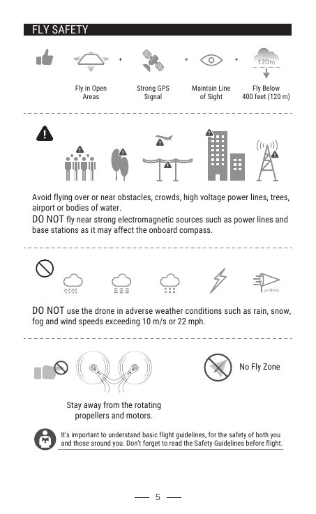 5Maintain Lineof SightStrong GPSSignalFLY SAFETYFly in OpenAreasAvoid flying over or near obstacles, crowds, high voltage power lines, trees,airport or bodies of water.DO NOT fly near strong electromagnetic sources such as power lines andbase stations as it may affect the onboard compass.DO NOT use the drone in adverse weather conditions such as rain, snow, fog and wind speeds exceeding 10 m/s or 22 mph.Fly Below400 feet (120 m)Stay away from the rotatingpropellers and motors.No Fly ZoneIt’s important to understand basic flight guidelines, for the safety of both youand those around you. Don’t forget to read the Safety Guidelines before flight.
