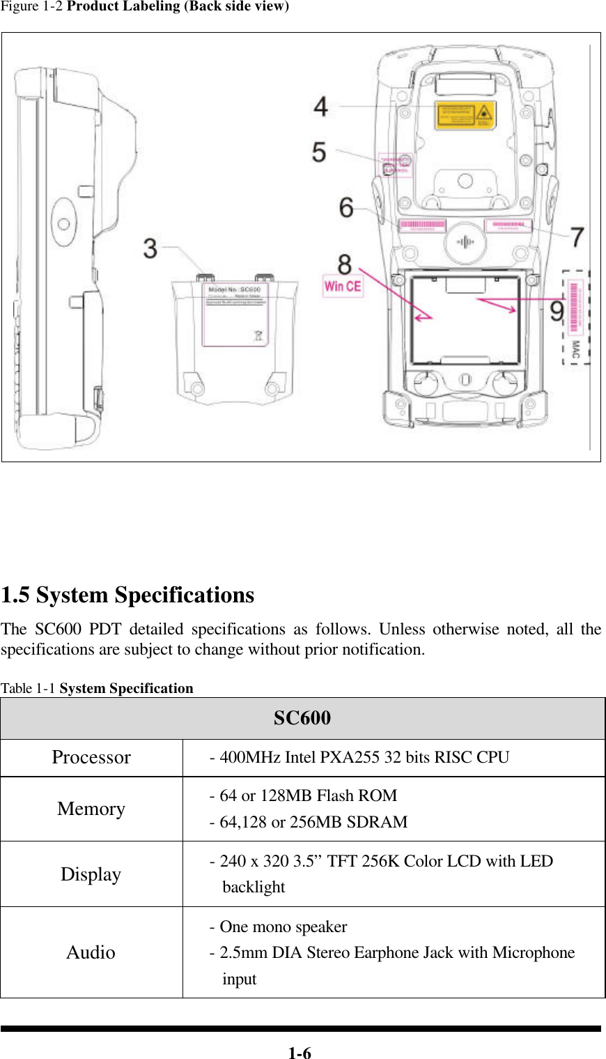  1-6 Figure 1-2 Product Labeling (Back side view)                      1.5 System Specifications The SC600 PDT detailed specifications as follows. Unless otherwise noted, all the specifications are subject to change without prior notification.  Table 1-1 System Specification SC600 Processor - 400MHz Intel PXA255 32 bits RISC CPU Memory - 64 or 128MB Flash ROM - 64,128 or 256MB SDRAM Display - 240 x 320 3.5” TFT 256K Color LCD with LED backlight Audio - One mono speaker   - 2.5mm DIA Stereo Earphone Jack with Microphone input 