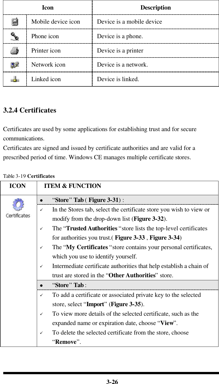  3-26 Icon Description  Mobile device icon Device is a mobile device  Phone icon Device is a phone.  Printer icon Device is a printer  Network icon Device is a network.  Linked icon Device is linked.   3.2.4 Certificates  Certificates are used by some applications for establishing trust and for secure communications. Certificates are signed and issued by certificate authorities and are valid for a prescribed period of time. Windows CE manages multiple certificate stores.  Table 3-19 Certificates   ICON  ITEM &amp; FUNCTION l “Store” Tab ( Figure 3-31) :   ü In the Stores tab, select the certificate store you wish to view or modify from the drop-down list (Figure 3-32).   ü The “Trusted Authorities “store lists the top-level certificates for authorities you trust.( Figure 3-33 , Figure 3-34)   ü The “My Certificates “store contains your personal certificates, which you use to identify yourself.   ü Intermediate certificate authorities that help establish a chain of trust are stored in the “Other Authorities” store. l “Store” Tab :    ü To add a certificate or associated private key to the selected store, select “Import” (Figure 3-35). ü To view more details of the selected certificate, such as the expanded name or expiration date, choose “View”. ü To delete the selected certificate from the store, choose “Remove”.   