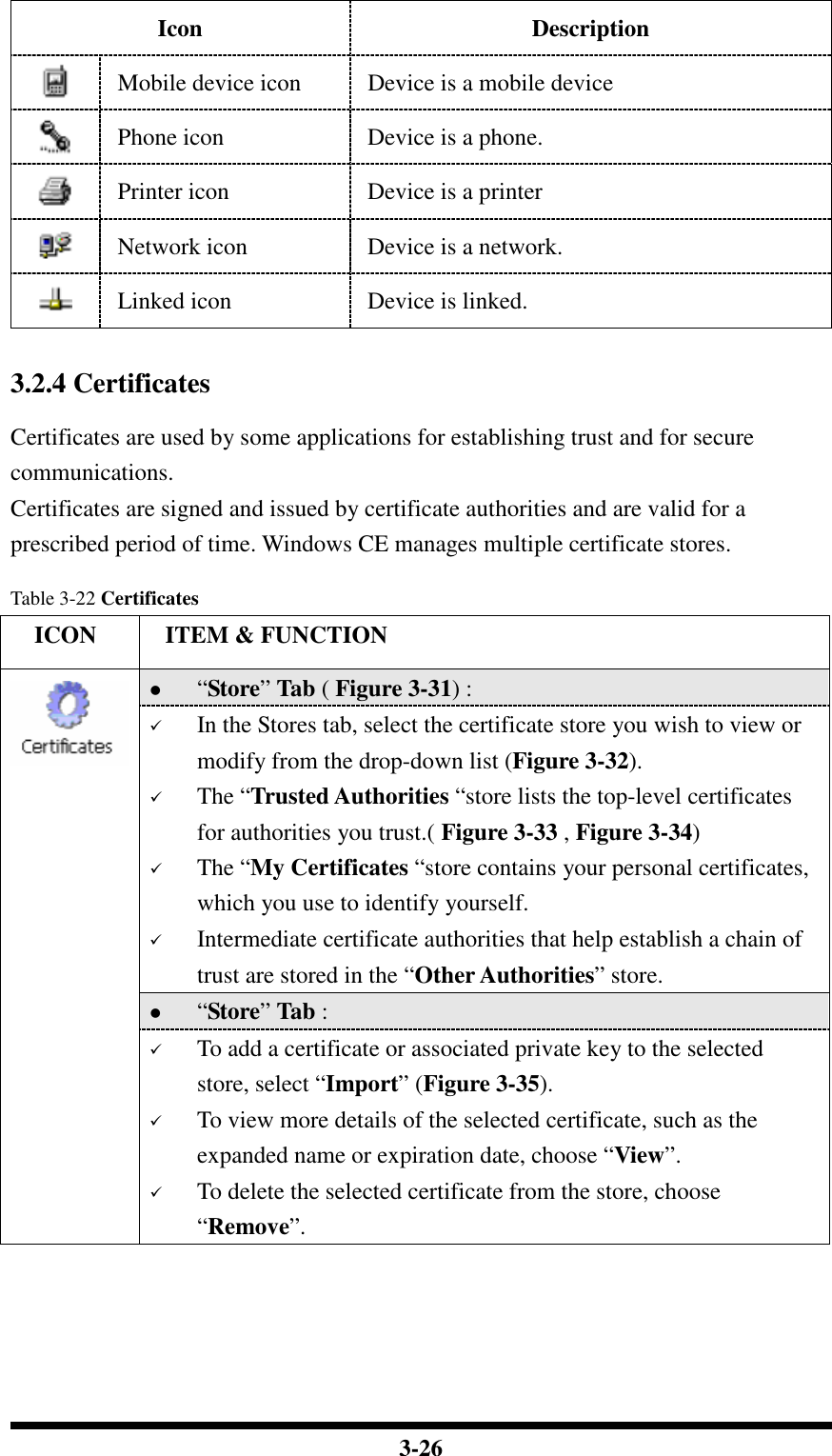  3-26 Icon Description  Mobile device icon  Device is a mobile device  Phone icon  Device is a phone.  Printer icon  Device is a printer  Network icon  Device is a network.  Linked icon  Device is linked.   3.2.4 Certificates  Certificates are used by some applications for establishing trust and for secure communications. Certificates are signed and issued by certificate authorities and are valid for a prescribed period of time. Windows CE manages multiple certificate stores.  Table 3-22 Certificates     ICON  ITEM &amp; FUNCTION  “Store” Tab ( Figure 3-31) :   In the Stores tab, select the certificate store you wish to view or modify from the drop-down list (Figure 3-32).   The “Trusted Authorities “store lists the top-level certificates for authorities you trust.( Figure 3-33 , Figure 3-34)   The “My Certificates “store contains your personal certificates, which you use to identify yourself.   Intermediate certificate authorities that help establish a chain of trust are stored in the “Other Authorities” store.  “Store” Tab :    To add a certificate or associated private key to the selected store, select “Import” (Figure 3-35).  To view more details of the selected certificate, such as the expanded name or expiration date, choose “View”.  To delete the selected certificate from the store, choose “Remove”.   