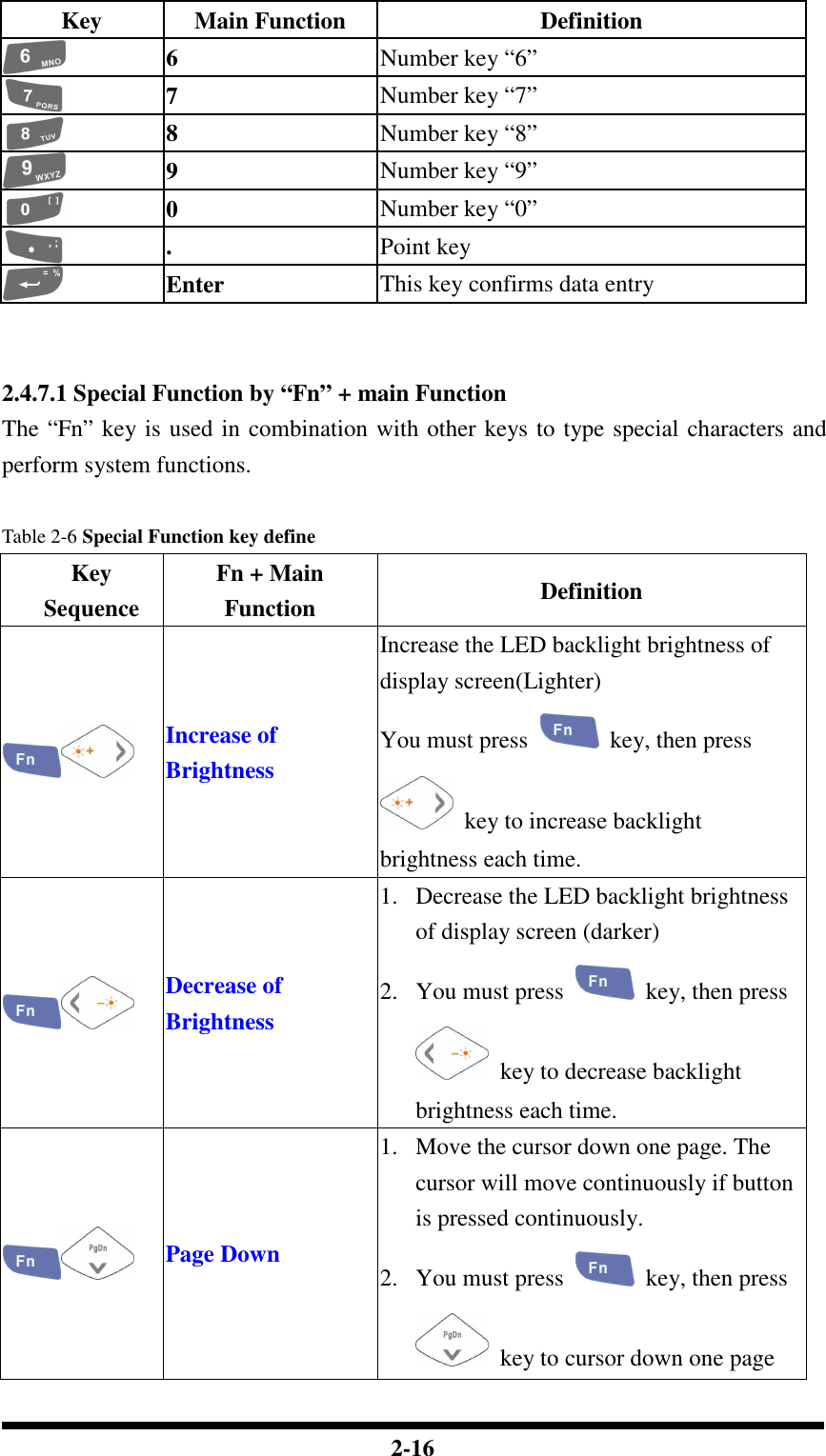  2-16 Key  Main Function  Definition  6  Number key “6”  7  Number key “7”  8  Number key “8”  9  Number key “9”  0  Number key “0”  .  Point key  Enter  This key confirms data entry   2.4.7.1 Special Function by “Fn” + main Function The “Fn” key is used in combination with other keys to type special characters and perform system functions.  Table 2-6 Special Function key define Key Sequence Fn + Main Function  Definition  Increase of Brightness Increase the LED backlight brightness of display screen(Lighter) You must press    key, then press   key to increase backlight brightness each time.  Decrease of Brightness 1. Decrease the LED backlight brightness of display screen (darker) 2. You must press    key, then press   key to decrease backlight brightness each time.  Page Down 1. Move the cursor down one page. The cursor will move continuously if button is pressed continuously. 2. You must press    key, then press   key to cursor down one page 