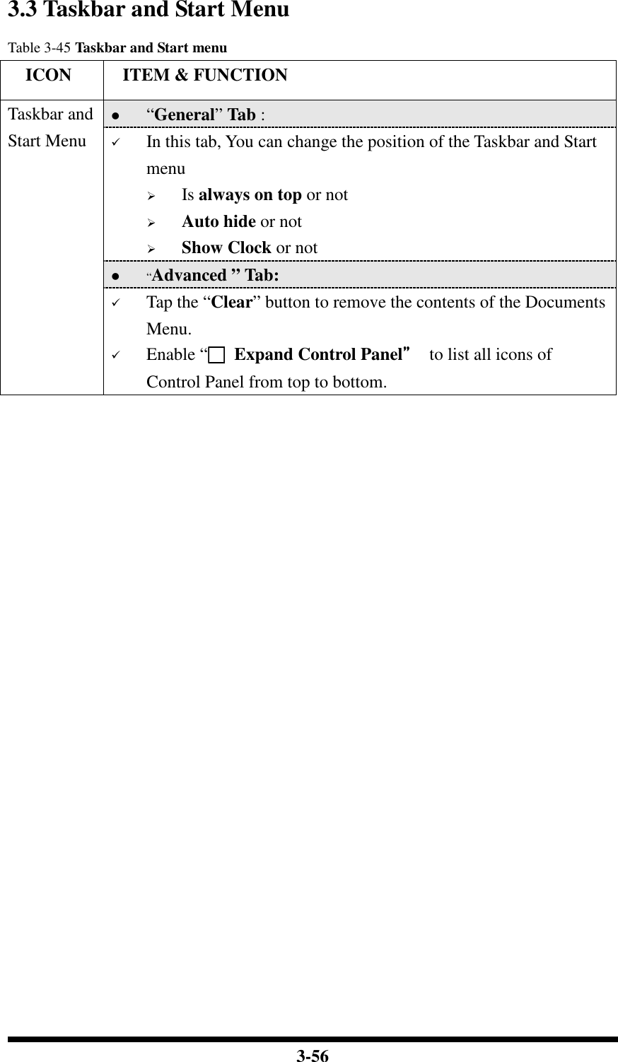  3-56 3.3 Taskbar and Start Menu Table 3-45 Taskbar and Start menu     ICON  ITEM &amp; FUNCTION  “General” Tab :   In this tab, You can change the position of the Taskbar and Start menu   Is always on top or not  Auto hide or not  Show Clock or not  “Advanced ” Tab:  Taskbar and Start Menu  Tap the “Clear” button to remove the contents of the Documents Menu.  Enable “□□□□  Expand Control Panel”””” to list all icons of Control Panel from top to bottom.  