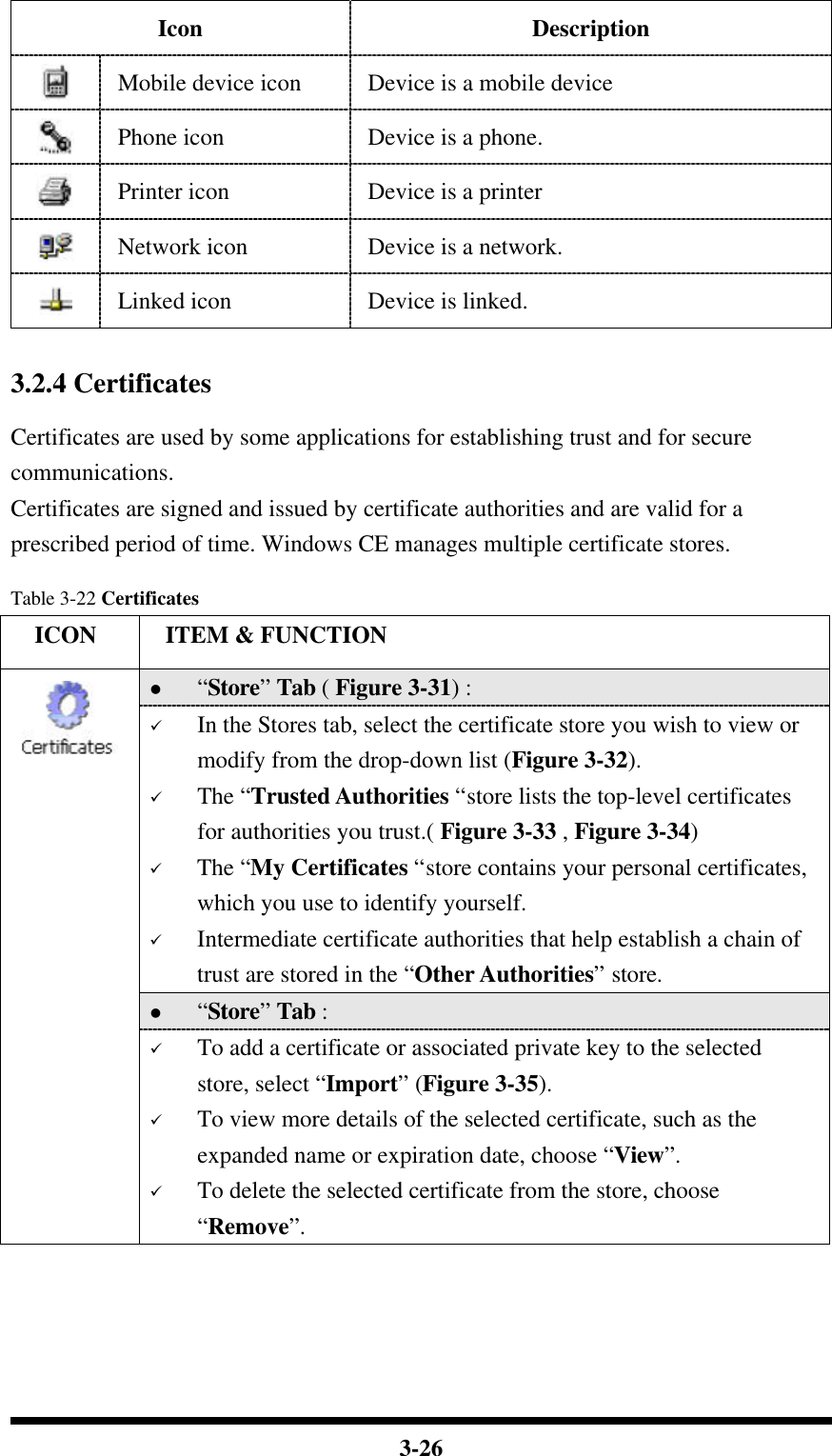  3-26 Icon Description  Mobile device icon Device is a mobile device  Phone icon Device is a phone.  Printer icon Device is a printer  Network icon Device is a network.  Linked icon Device is linked.   3.2.4 Certificates  Certificates are used by some applications for establishing trust and for secure communications. Certificates are signed and issued by certificate authorities and are valid for a prescribed period of time. Windows CE manages multiple certificate stores.  Table 3-22 Certificates   ICON  ITEM &amp; FUNCTION l “Store” Tab ( Figure 3-31) :   ü In the Stores tab, select the certificate store you wish to view or modify from the drop-down list (Figure 3-32).   ü The “Trusted Authorities “store lists the top-level certificates for authorities you trust.( Figure 3-33 , Figure 3-34)   ü The “My Certificates “store contains your personal certificates, which you use to identify yourself.   ü Intermediate certificate authorities that help establish a chain of trust are stored in the “Other Authorities” store. l “Store” Tab :    ü To add a certificate or associated private key to the selected store, select “Import” (Figure 3-35). ü To view more details of the selected certificate, such as the expanded name or expiration date, choose “View”. ü To delete the selected certificate from the store, choose “Remove”.   