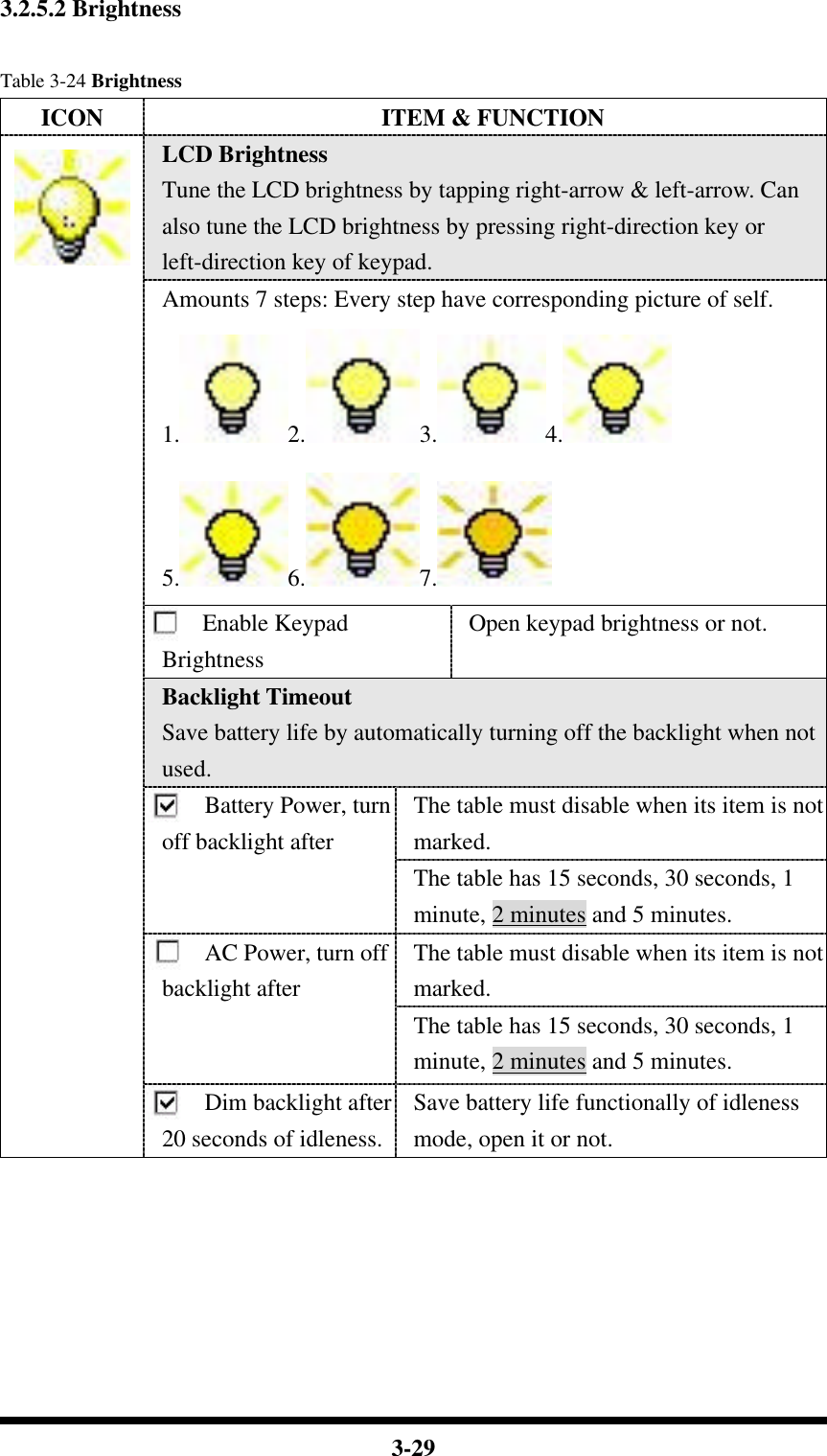  3-29 3.2.5.2 Brightness  Table 3-24 Brightness ICON ITEM &amp; FUNCTION LCD Brightness Tune the LCD brightness by tapping right-arrow &amp; left-arrow. Can also tune the LCD brightness by pressing right-direction key or left-direction key of keypad. Amounts 7 steps: Every step have corresponding picture of self. 1. 2. 3. 4.  5. 6. 7.  Enable Keypad Brightness Open keypad brightness or not. Backlight Timeout Save battery life by automatically turning off the backlight when not used. The table must disable when its item is not marked. Battery Power, turn off backlight after The table has 15 seconds, 30 seconds, 1 minute, 2 minutes and 5 minutes. The table must disable when its item is not marked. AC Power, turn off backlight after The table has 15 seconds, 30 seconds, 1 minute, 2 minutes and 5 minutes.  Dim backlight after 20 seconds of idleness. Save battery life functionally of idleness mode, open it or not. 