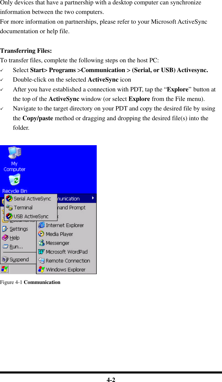  4-2 Only devices that have a partnership with a desktop computer can synchronize information between the two computers. For more information on partnerships, please refer to your Microsoft ActiveSync documentation or help file.    Transferring Files: To transfer files, complete the following steps on the host PC: ü Select Start&gt; Programs &gt;Communication &gt; (Serial, or USB) Activesync. ü Double-click on the selected ActiveSync icon ü After you have established a connection with PDT, tap the “Explore” button at the top of the ActiveSync window (or select Explore from the File menu). ü Navigate to the target directory on your PDT and copy the desired file by using the Copy/paste method or dragging and dropping the desired file(s) into the folder.   Figure 4-1 Communication         