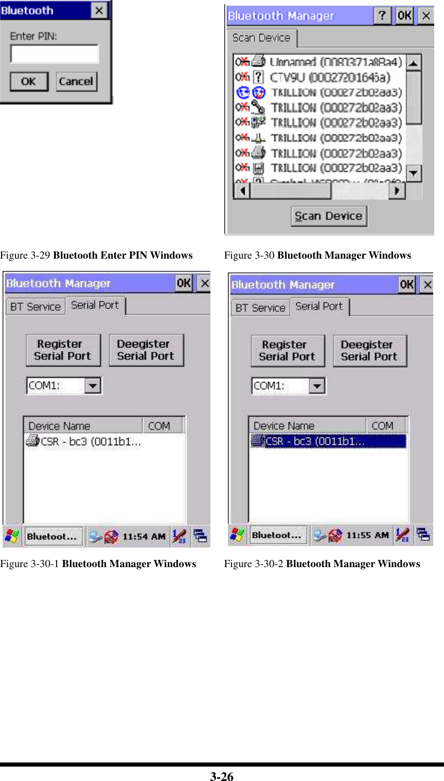  3-26   Figure 3-29 Bluetooth Enter PIN Windows  Figure 3-30 Bluetooth Manager Windows   Figure 3-30-1 Bluetooth Manager Windows Figure 3-30-2 Bluetooth Manager Windows 