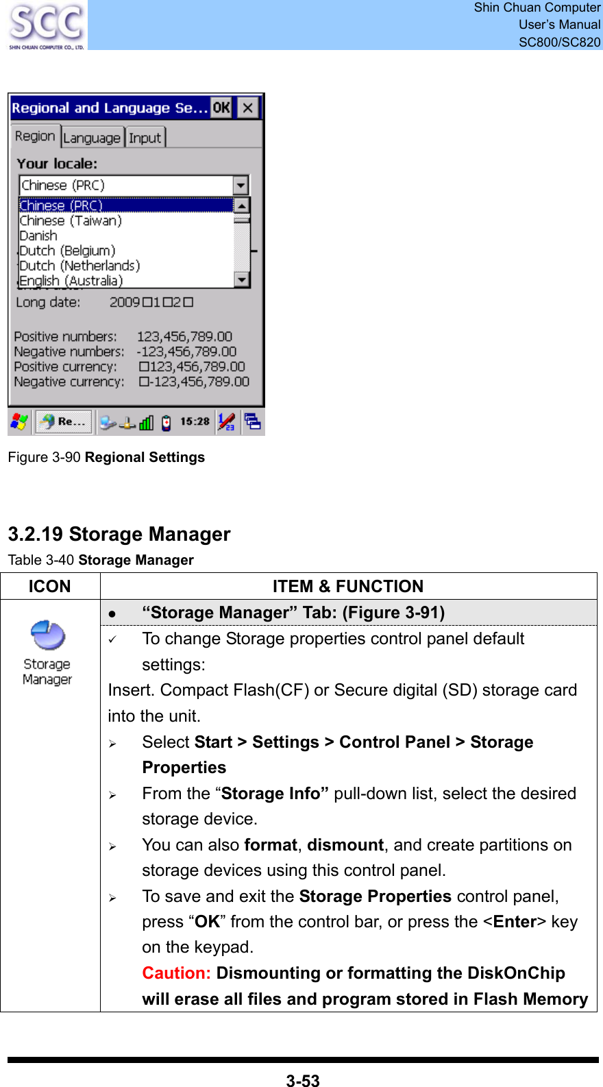  Shin Chuan Computer User’s Manual SC800/SC820  3-53   Figure 3-90 Regional Settings   3.2.19 Storage Manager Table 3-40 Storage Manager ICON  ITEM &amp; FUNCTION z “Storage Manager” Tab: (Figure 3-91)  9 To change Storage properties control panel default settings: Insert. Compact Flash(CF) or Secure digital (SD) storage card into the unit. ¾ Select Start &gt; Settings &gt; Control Panel &gt; Storage Properties ¾ From the “Storage Info” pull-down list, select the desired storage device. ¾ You can also format, dismount, and create partitions on storage devices using this control panel. ¾ To save and exit the Storage Properties control panel, press “OK” from the control bar, or press the &lt;Enter&gt; key on the keypad. Caution: Dismounting or formatting the DiskOnChip will erase all files and program stored in Flash Memory 