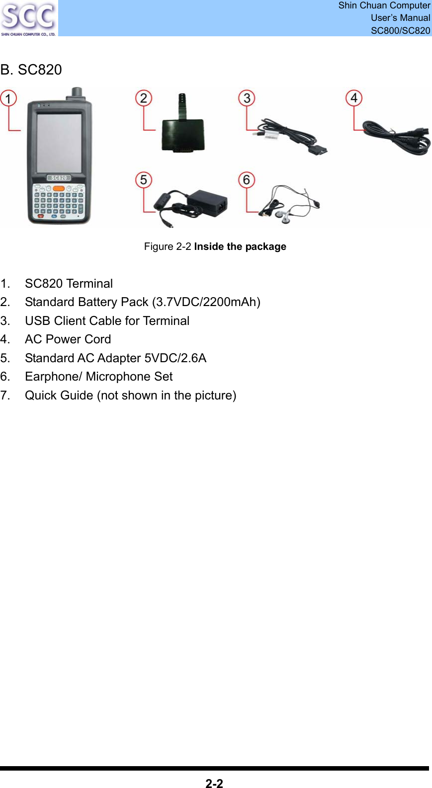  Shin Chuan Computer User’s Manual SC800/SC820  2-2  B. SC820  Figure 2-2 Inside the package  1. SC820 Terminal 2.  Standard Battery Pack (3.7VDC/2200mAh) 3.  USB Client Cable for Terminal 4.  AC Power Cord 5.  Standard AC Adapter 5VDC/2.6A 6.  Earphone/ Microphone Set 7.  Quick Guide (not shown in the picture)                   