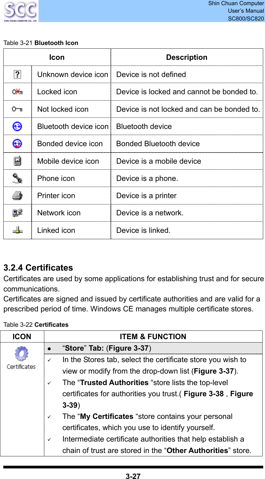  Shin Chuan Computer User’s Manual SC800/SC820  3-27  Table 3-21 Bluetooth Icon Icon Description  Unknown device icon Device is not defined  Locked icon  Device is locked and cannot be bonded to. Not locked icon  Device is not locked and can be bonded to. Bluetooth device icon Bluetooth device  Bonded device icon  Bonded Bluetooth device  Mobile device icon  Device is a mobile device  Phone icon  Device is a phone.  Printer icon  Device is a printer  Network icon  Device is a network.  Linked icon  Device is linked.   3.2.4 Certificates Certificates are used by some applications for establishing trust and for secure communications. Certificates are signed and issued by certificate authorities and are valid for a prescribed period of time. Windows CE manages multiple certificate stores.  Table 3-22 Certificates ICON  ITEM &amp; FUNCTION z “Store” Tab: (Figure 3-37)         9 In the Stores tab, select the certificate store you wish to view or modify from the drop-down list (Figure 3-37).   9 The “Trusted Authorities “store lists the top-level certificates for authorities you trust.( Figure 3-38 , Figure 3-39)   9 The “My Certificates “store contains your personal certificates, which you use to identify yourself.   9 Intermediate certificate authorities that help establish a chain of trust are stored in the “Other Authorities” store. 