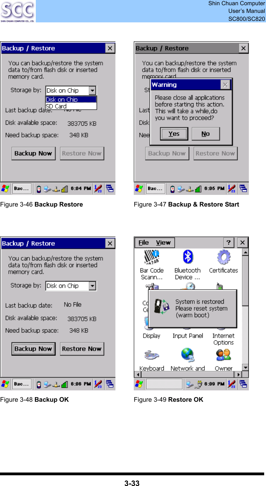  Shin Chuan Computer User’s Manual SC800/SC820  3-33     Figure 3-46 Backup Restore   Figure 3-47 Backup &amp; Restore Start    Figure 3-48 Backup OK  Figure 3-49 Restore OK      