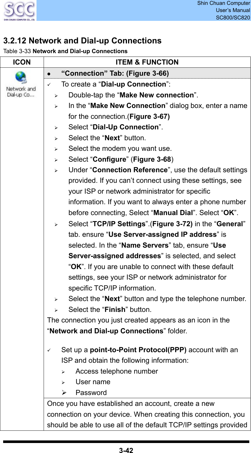  Shin Chuan Computer User’s Manual SC800/SC820  3-42  3.2.12 Network and Dial-up Connections Table 3-33 Network and Dial-up Connections ICON  ITEM &amp; FUNCTION z “Connection” Tab: (Figure 3-66) 9 To create a “Dial-up Connection”: ¾ Double-tap the “Make New connection”. ¾ In the “Make New Connection” dialog box, enter a name for the connection.(Figure 3-67) ¾ Select “Dial-Up Connection”. ¾ Select the “Next” button. ¾ Select the modem you want use. ¾ Select “Configure” (Figure 3-68) ¾ Under “Connection Reference”, use the default settings provided. If you can’t connect using these settings, see your ISP or network administrator for specific information. If you want to always enter a phone number before connecting, Select “Manual Dial”. Select “OK”. ¾ Select “TCP/IP Settings”.(Figure 3-72) in the “General” tab. ensure “Use Server-assigned IP address” is selected. In the “Name Servers” tab, ensure “Use Server-assigned addresses” is selected, and select “OK”. If you are unable to connect with these default settings, see your ISP or network administrator for specific TCP/IP information. ¾ Select the “Next” button and type the telephone number.¾ Select the “Finish” button. The connection you just created appears as an icon in the “Network and Dial-up Connections” folder.    9 Set up a point-to-Point Protocol(PPP) account with an ISP and obtain the following information: ¾ Access telephone number ¾ User name ¾ Password  Once you have established an account, create a new connection on your device. When creating this connection, you should be able to use all of the default TCP/IP settings provided 
