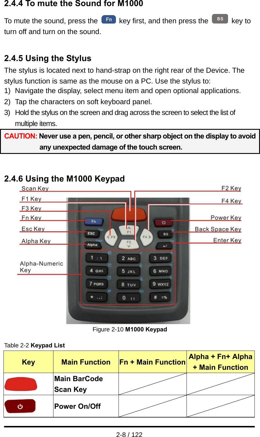  2-8 / 122 2.4.4 To mute the Sound for M1000 To mute the sound, press the    key first, and then press the   key to turn off and turn on the sound.   2.4.5 Using the Stylus The stylus is located next to hand-strap on the right rear of the Device. The stylus function is same as the mouse on a PC. Use the stylus to: 1)  Navigate the display, select menu item and open optional applications. 2)  Tap the characters on soft keyboard panel. 3)  Hold the stylus on the screen and drag across the screen to select the list of multiple items. CAUTION: Never use a pen, pencil, or other sharp object on the display to avoid any unexpected damage of the touch screen.   2.4.6 Using the M1000 Keypad  Figure 2-10 M1000 Keypad  Table 2-2 Keypad List Key  Main Function  Fn + Main Function Alpha + Fn+ Alpha + Main Function  Main BarCode Scan Key     Power On/Off     