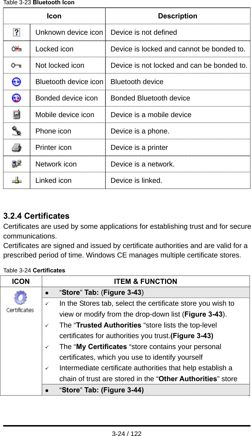  3-24 / 122 Table 3-23 Bluetooth Icon Icon Description  Unknown device icon Device is not defined  Locked icon  Device is locked and cannot be bonded to. Not locked icon  Device is not locked and can be bonded to. Bluetooth device icon Bluetooth device  Bonded device icon  Bonded Bluetooth device  Mobile device icon  Device is a mobile device  Phone icon  Device is a phone.  Printer icon  Device is a printer  Network icon  Device is a network.  Linked icon  Device is linked.   3.2.4 Certificates Certificates are used by some applications for establishing trust and for secure communications. Certificates are signed and issued by certificate authorities and are valid for a prescribed period of time. Windows CE manages multiple certificate stores.  Table 3-24 Certificates ICON  ITEM &amp; FUNCTION z “Store” Tab: (Figure 3-43) 9 In the Stores tab, select the certificate store you wish to view or modify from the drop-down list (Figure 3-43).   9 The “Trusted Authorities “store lists the top-level certificates for authorities you trust.(Figure 3-43) 9 The “My Certificates “store contains your personal certificates, which you use to identify yourself 9 Intermediate certificate authorities that help establish a chain of trust are stored in the “Other Authorities” store  z “Store” Tab: (Figure 3-44) 