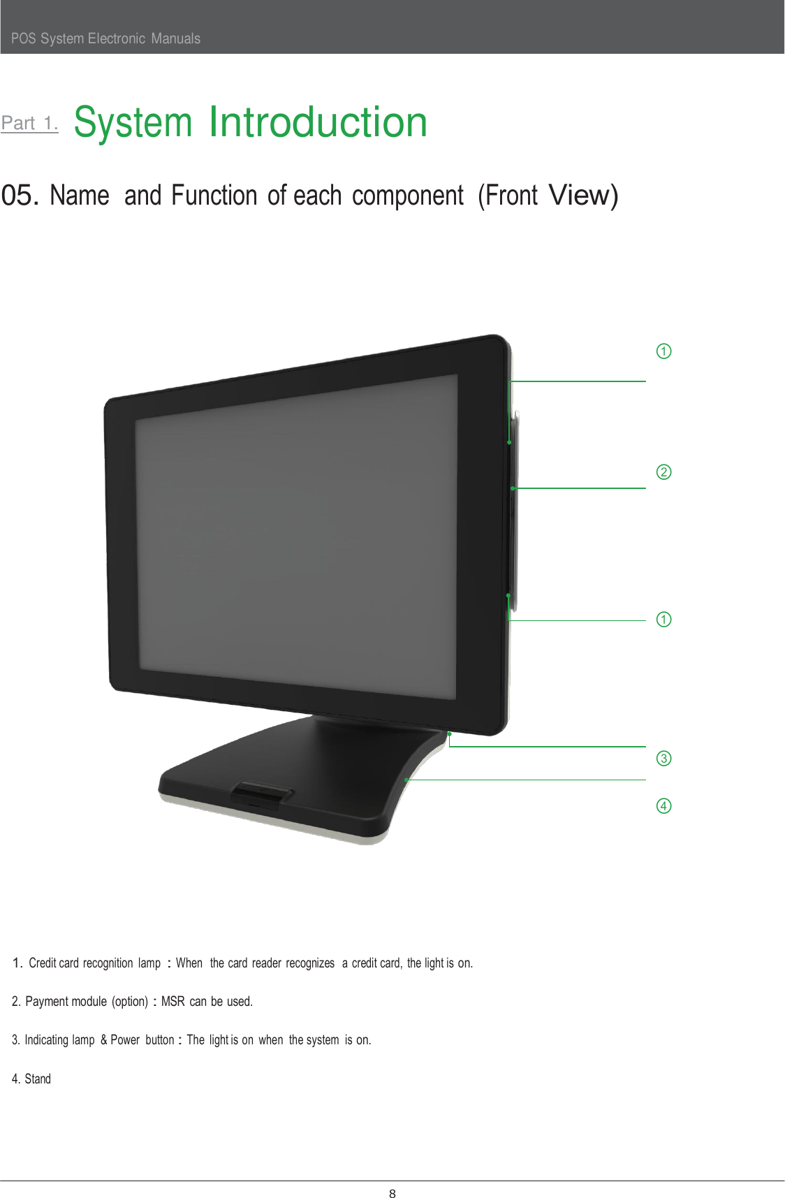 POS System Electronic  Manuals 8      Part 1.  System Introduction   05. Name  and Function  of each  component  (Front View)         ①       ②         ①        ③  ④          1. Credit card  recognition  lamp : When  the card  reader  recognizes   a  credit card,  the light is on.  2. Payment module  (option) : MSR  can be used.  3.  Indicating lamp  &amp; Power  button : The  light is on  when  the system  is on.  4. Stand 