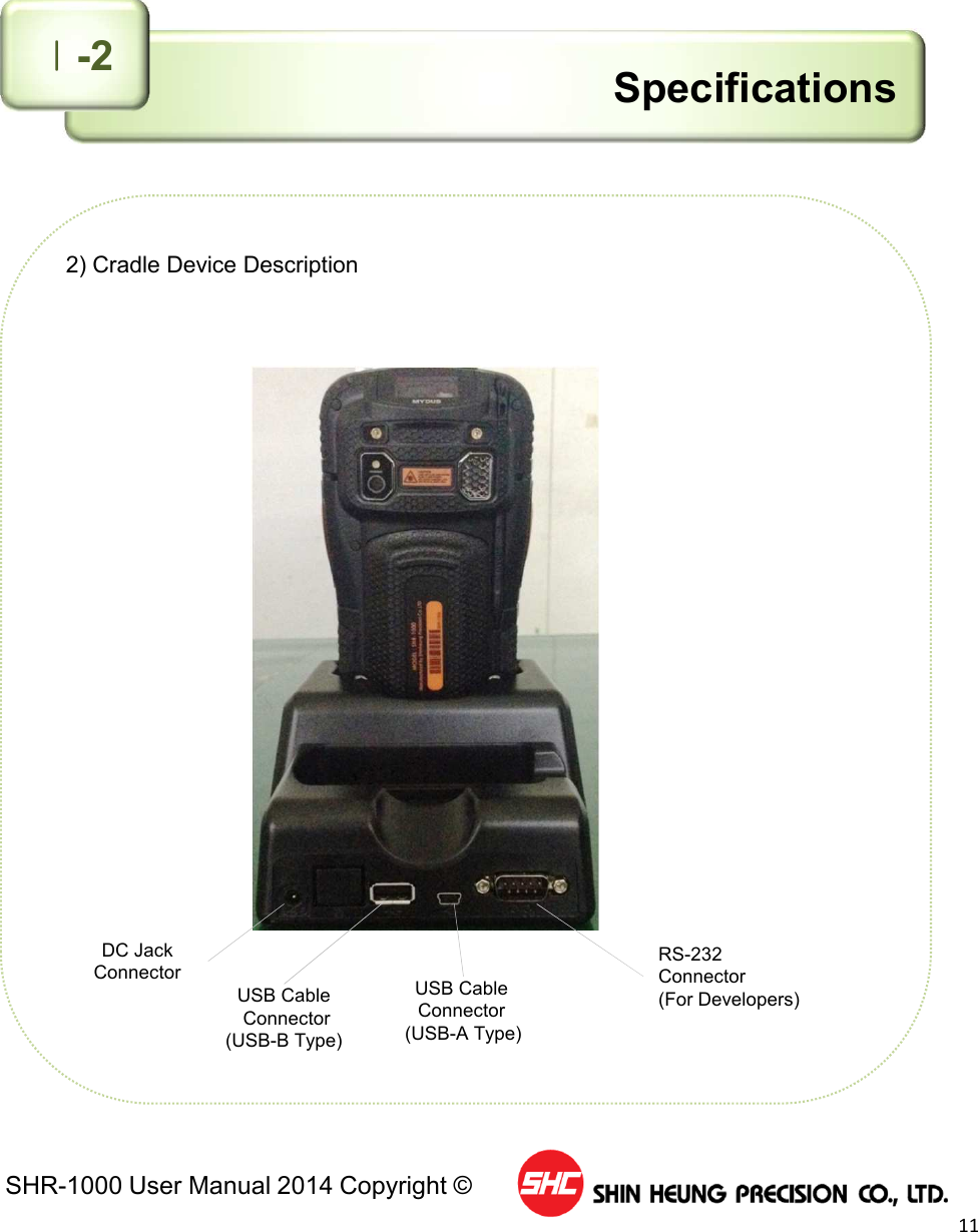 SHR-1000 User Manual 2014 Copyright ©11SpecificationsⅠ-22) Cradle Device DescriptionDC JackConnectorUSB CableConnector(USB-B Type)USB Cable Connector(USB-A Type)RS-232 Connector(For Developers)