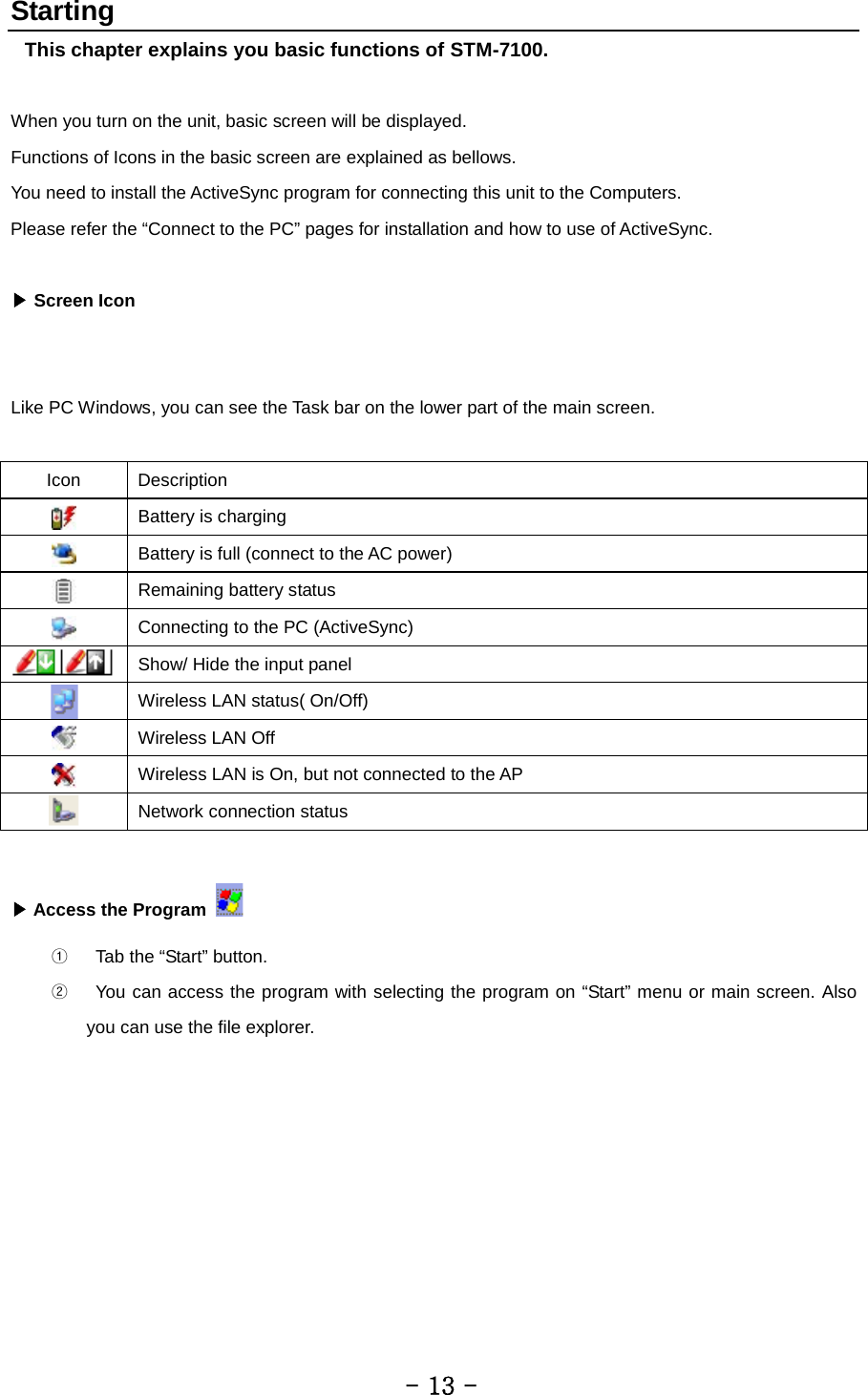 Starting  This chapter explains you basic functions of STM-7100.  When you turn on the unit, basic screen will be displayed. Functions of Icons in the basic screen are explained as bellows. You need to install the ActiveSync program for connecting this unit to the Computers. Please refer the “Connect to the PC” pages for installation and how to use of ActiveSync.  ▶ Screen Icon   Like PC Windows, you can see the Task bar on the lower part of the main screen.  Icon Description  Battery is charging  Battery is full (connect to the AC power)  Remaining battery status  Connecting to the PC (ActiveSync)  Show/ Hide the input panel  Wireless LAN status( On/Off)    Wireless LAN Off  Wireless LAN is On, but not connected to the AP  Network connection status  ▶ Access the Program   ①    Tab the “Start” button. ②    You can access the program with selecting the program on “Start” menu or main screen. Also you can use the file explorer.         - 13 - 