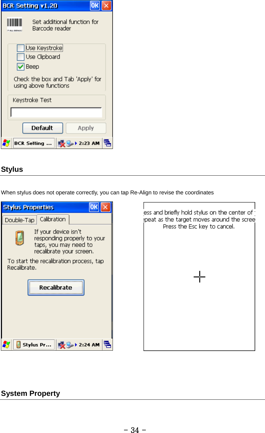   Stylus  When stylus does not operate correctly, you can tap Re-Align to revise the coordinates                   System Property         - 34 - 