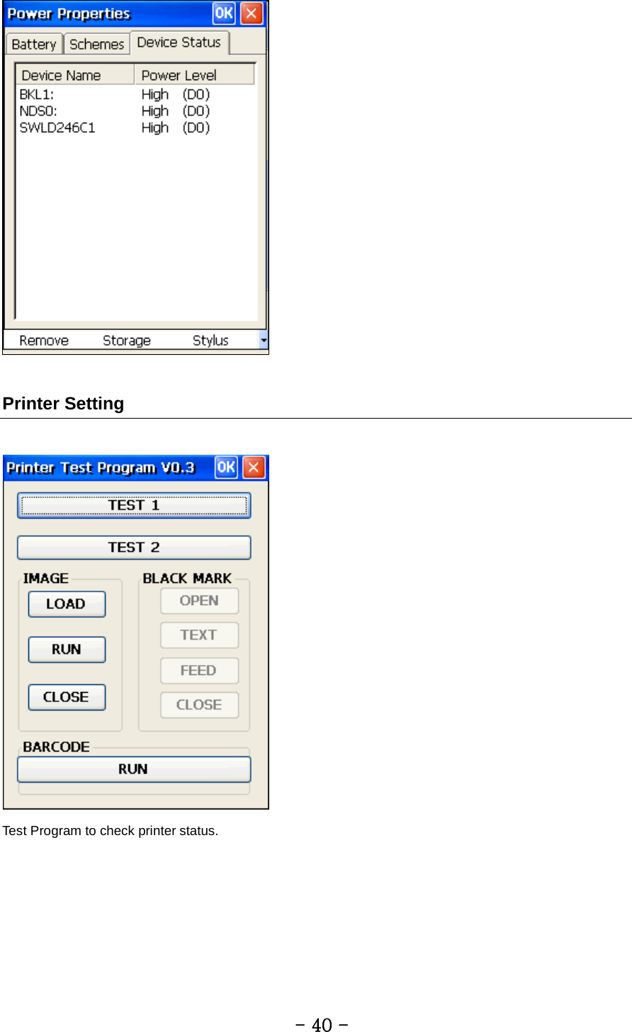   Printer Setting   Test Program to check printer status.         - 40 - 