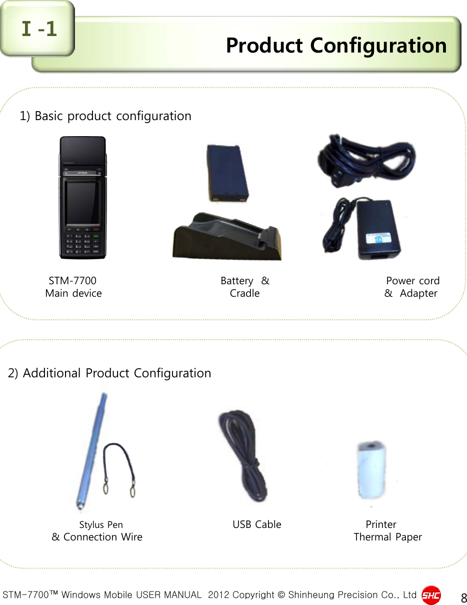  STM-7700™ Windows Mobile USER MANUAL  2012 Copyright © Shinheung Precision Co., Ltd 8 2) Additional Product Configuration                                 Stylus Pen                              USB Cable                       Printer             &amp; Connection Wire                 Thermal Paper 1) Basic product configuration                    STM-7700                                  Battery  &amp;                                Power cord           Main device                                   Cradle                                  &amp;  Adapter Product Configuration Ⅰ-1 