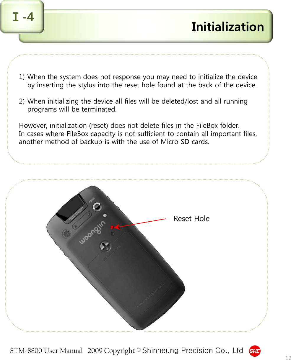 STM-8800 User Manual   2009 Copyright © Shinheung Precision Co., Ltd  Initialization Ⅰ-4 1) When the system does not response you may need to initialize the device by inserting the stylus into the reset hole found at the back of the device.  2) When initializing the device all files will be deleted/lost and all running programs will be terminated.  However, initialization (reset) does not delete files in the FileBox folder.   In cases where FileBox capacity is not sufficient to contain all important files, another method of backup is with the use of Micro SD cards.                      12 Reset Hole 