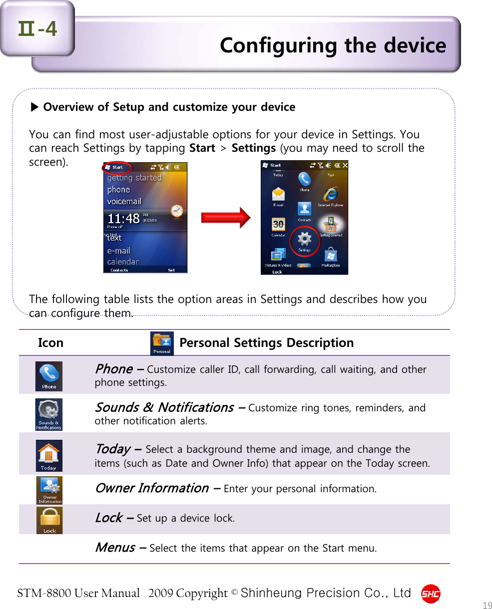 STM-8800 User Manual   2009 Copyright © Shinheung Precision Co., Ltd  ▶ Overview of Setup and customize your device  You can find most user-adjustable options for your device in Settings. You can reach Settings by tapping Start &gt; Settings (you may need to scroll the screen).          The following table lists the option areas in Settings and describes how you can configure them. Configuring the device Ⅱ-4 19 Icon  Personal Settings Description Phone – Customize caller ID, call forwarding, call waiting, and other phone settings. Sounds &amp; Notifications – Customize ring tones, reminders, and other notification alerts. Today – Select a background theme and image, and change the items (such as Date and Owner Info) that appear on the Today screen. Owner Information – Enter your personal information. Lock – Set up a device lock. Menus – Select the items that appear on the Start menu. 