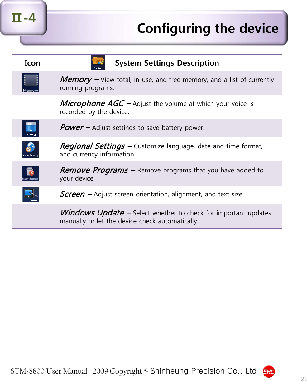 STM-8800 User Manual   2009 Copyright © Shinheung Precision Co., Ltd  Configuring the device Ⅱ-4 21 Icon  System Settings Description Memory – View total, in-use, and free memory, and a list of currently running programs. Microphone AGC – Adjust the volume at which your voice is recorded by the device. Power – Adjust settings to save battery power. Regional Settings – Customize language, date and time format, and currency information. Remove Programs – Remove programs that you have added to your device. Screen – Adjust screen orientation, alignment, and text size. Windows Update – Select whether to check for important updates manually or let the device check automatically. 