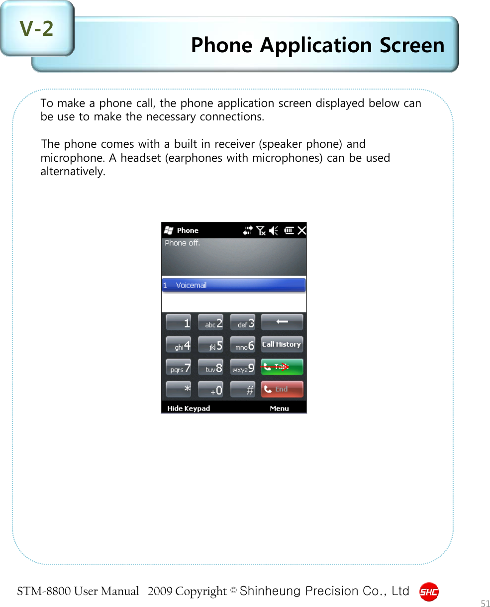 STM-8800 User Manual   2009 Copyright © Shinheung Precision Co., Ltd  Phone Application Screen V-2           51 To make a phone call, the phone application screen displayed below can be use to make the necessary connections.  The phone comes with a built in receiver (speaker phone) and microphone. A headset (earphones with microphones) can be used alternatively. 