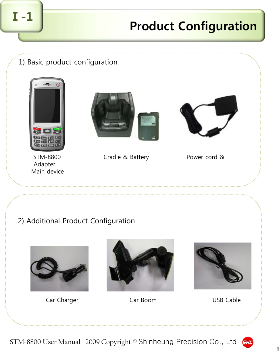 STM-8800 User Manual   2009 Copyright © Shinheung Precision Co., Ltd  2) Additional Product Configuration                Car Charger       Car Boom            USB Cable 1) Basic product configuration                   STM-8800         Cradle &amp; Battery                Power cord &amp; Adapter       Main device  Product Configuration Ⅰ-1 8 