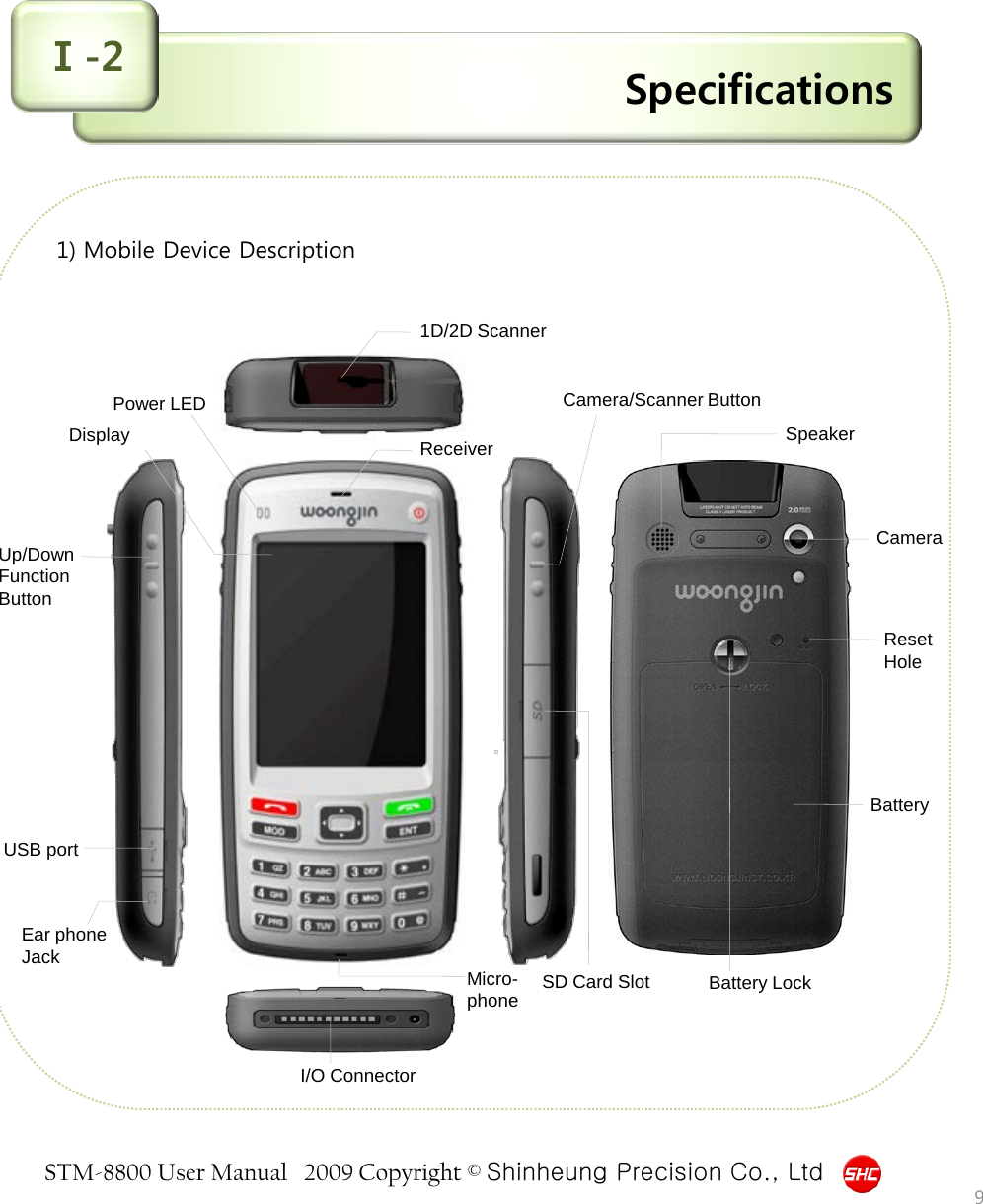 STM-8800 User Manual   2009 Copyright © Shinheung Precision Co., Ltd  Specifications Ⅰ-2 1) Mobile Device Description                                  9 Up/Down Function  Button USB port Ear phone Jack Display Micro- phone Receiver 1D/2D Scanner Camera/Scanner Button Speaker Camera Battery SD Card Slot I/O Connector Reset Hole Battery Lock Power LED 