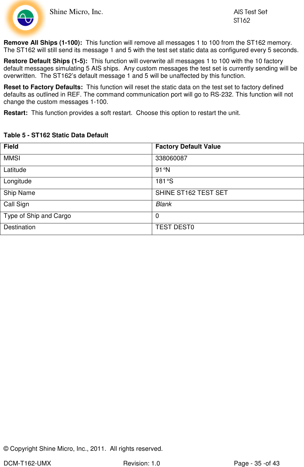    Shine Micro, Inc.            AIS Test Set            ST162 © Copyright Shine Micro, Inc., 2011.  All rights reserved.  DCM-T162-UMX  Revision: 1.0  Page - 35 -of 43 Remove All Ships (1-100):  This function will remove all messages 1 to 100 from the ST162 memory.  The ST162 will still send its message 1 and 5 with the test set static data as configured every 5 seconds.  Restore Default Ships (1-5):  This function will overwrite all messages 1 to 100 with the 10 factory default messages simulating 5 AIS ships.  Any custom messages the test set is currently sending will be overwritten.  The ST162’s default message 1 and 5 will be unaffected by this function. Reset to Factory Defaults:  This function will reset the static data on the test set to factory defined defaults as outlined in REF. The command communication port will go to RS-232. This function will not change the custom messages 1-100.  Restart:  This function provides a soft restart.  Choose this option to restart the unit.  Table 5 - ST162 Static Data Default Field  Factory Default Value MMSI  338060087 Latitude  91° N Longitude  181° S Ship Name  SHINE ST162 TEST SET Call Sign  Blank Type of Ship and Cargo  0 Destination  TEST DEST0  