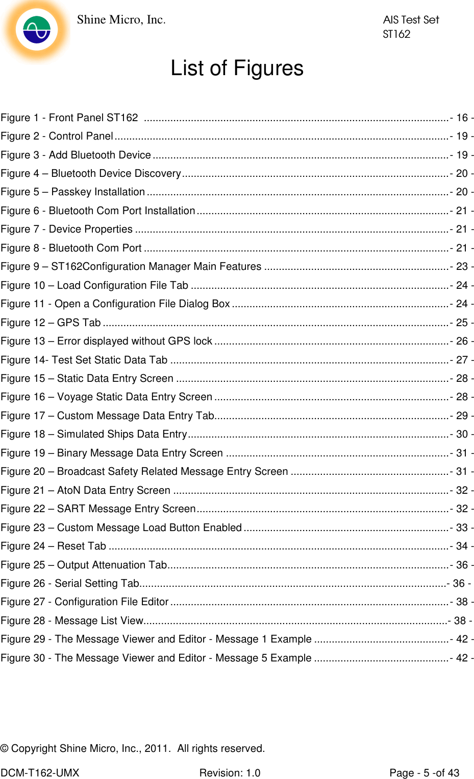    Shine Micro, Inc.            AIS Test Set            ST162 © Copyright Shine Micro, Inc., 2011.  All rights reserved.  DCM-T162-UMX  Revision: 1.0  Page - 5 -of 43 List of Figures  Figure 1 - Front Panel ST162  ........................................................................................................- 16 - Figure 2 - Control Panel..................................................................................................................- 19 - Figure 3 - Add Bluetooth Device.....................................................................................................- 19 - Figure 4 – Bluetooth Device Discovery...........................................................................................- 20 - Figure 5 – Passkey Installation .......................................................................................................- 20 - Figure 6 - Bluetooth Com Port Installation......................................................................................- 21 - Figure 7 - Device Properties ...........................................................................................................- 21 - Figure 8 - Bluetooth Com Port ........................................................................................................- 21 - Figure 9 – ST162Configuration Manager Main Features ...............................................................- 23 - Figure 10 – Load Configuration File Tab ........................................................................................- 24 - Figure 11 - Open a Configuration File Dialog Box ..........................................................................- 24 - Figure 12 – GPS Tab ......................................................................................................................- 25 - Figure 13 – Error displayed without GPS lock ................................................................................- 26 - Figure 14- Test Set Static Data Tab ...............................................................................................- 27 - Figure 15 – Static Data Entry Screen .............................................................................................- 28 - Figure 16 – Voyage Static Data Entry Screen ................................................................................- 28 - Figure 17 – Custom Message Data Entry Tab................................................................................- 29 - Figure 18 – Simulated Ships Data Entry.........................................................................................- 30 - Figure 19 – Binary Message Data Entry Screen ............................................................................- 31 - Figure 20 – Broadcast Safety Related Message Entry Screen ......................................................- 31 - Figure 21 – AtoN Data Entry Screen ..............................................................................................- 32 - Figure 22 – SART Message Entry Screen......................................................................................- 32 - Figure 23 – Custom Message Load Button Enabled ......................................................................- 33 - Figure 24 – Reset Tab ....................................................................................................................- 34 - Figure 25 – Output Attenuation Tab................................................................................................- 36 - Figure 26 - Serial Setting Tab........................................................................................................- 36 - Figure 27 - Configuration File Editor ...............................................................................................- 38 - Figure 28 - Message List View.......................................................................................................- 38 - Figure 29 - The Message Viewer and Editor - Message 1 Example ..............................................- 42 - Figure 30 - The Message Viewer and Editor - Message 5 Example ..............................................- 42 -  
