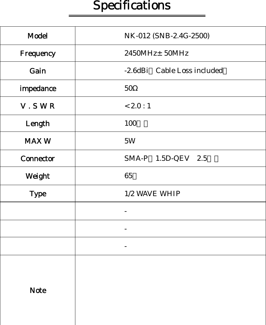 Specifications  Model  NK-012 (SNB-2.4G-2500) Frequency  2450MHz&plusmn;50MHz Gain  -2.6dBi（Cable Loss included） impedance  50&Omega; V.SWR  < 2.0 : 1 Length  100ｍｍ MAX W  5W Connector  SMA-P（1.5D-QEV 2.5ｍ） Weight  65ｇ Type  1/2 WAVE WHIP  -  -  - Note         