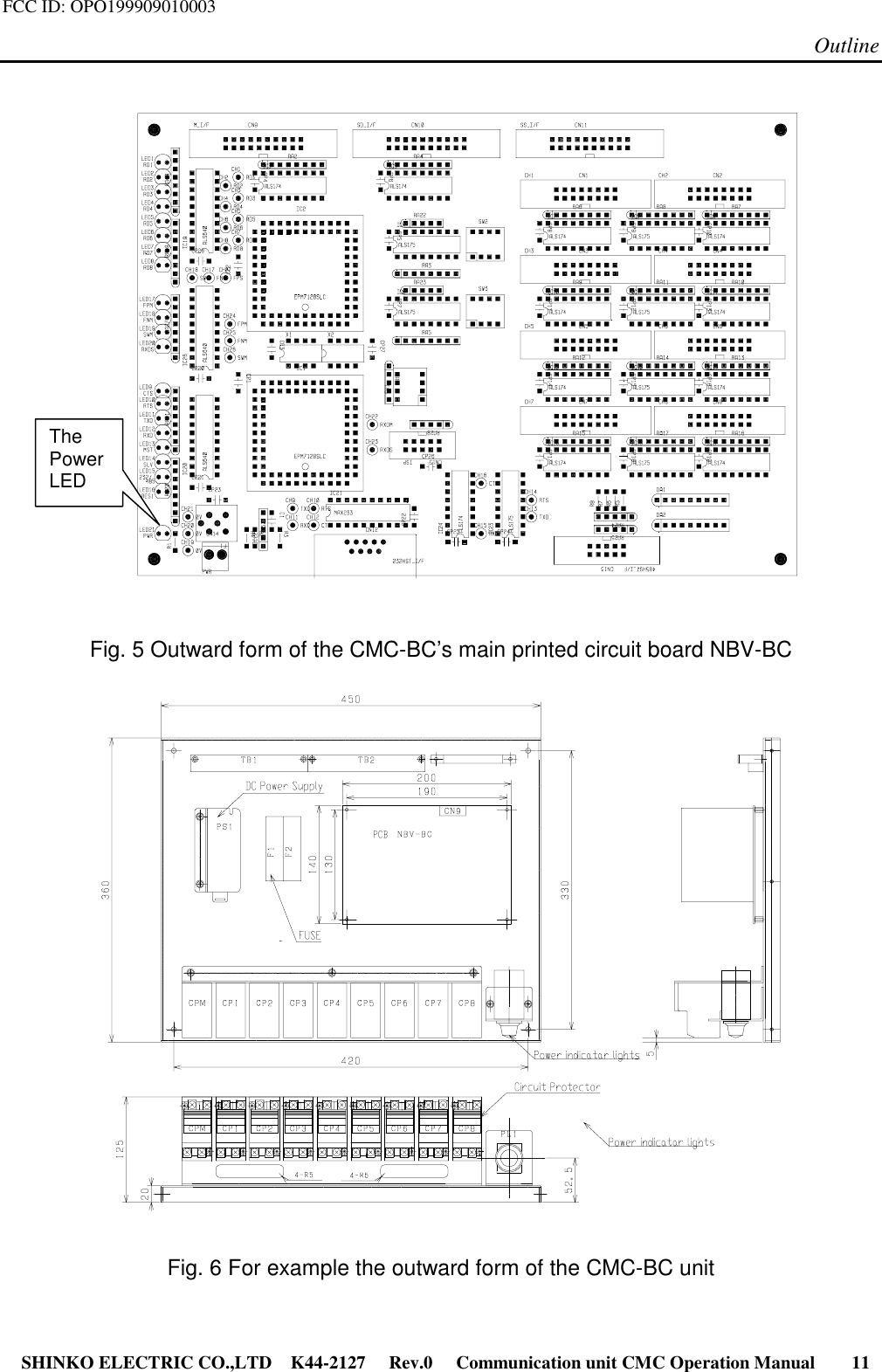 FCC ID: OPO199909010003Outline SHINKO ELECTRIC CO.,LTD K44-2127   Rev.0   Communication unit CMC Operation Manual     11Fig. 5 Outward form of the CMC-BC’s main printed circuit board NBV-BCFig. 6 For example the outward form of the CMC-BC unitThePowerLED