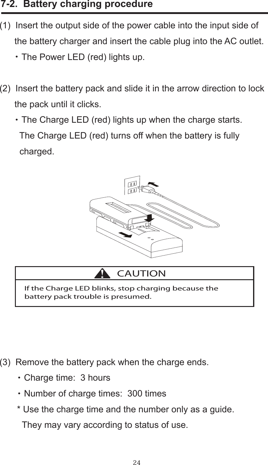 24      7-2.  Battery charging procedure(1)  Insert the output side of the power cable into the input side of       the battery charger and insert the cable plug into the AC outlet.      ・ The Power LED (red) lights up.(2)  Insert the battery pack and slide it in the arrow direction to lock      the pack until it clicks.      ・ The Charge LED (red) lights up when the charge starts.        The Charge LED (red) turns off when the battery is fully        charged.(3)  Remove the battery pack when the charge ends.       ・ Charge time:  3 hours       ・ Number of charge times:  300 times       * Use the charge time and the number only as a guide.          They may vary according to status of use.If the Charge LED blinks, stop charging because the battery pack trouble is presumed.CAUTION