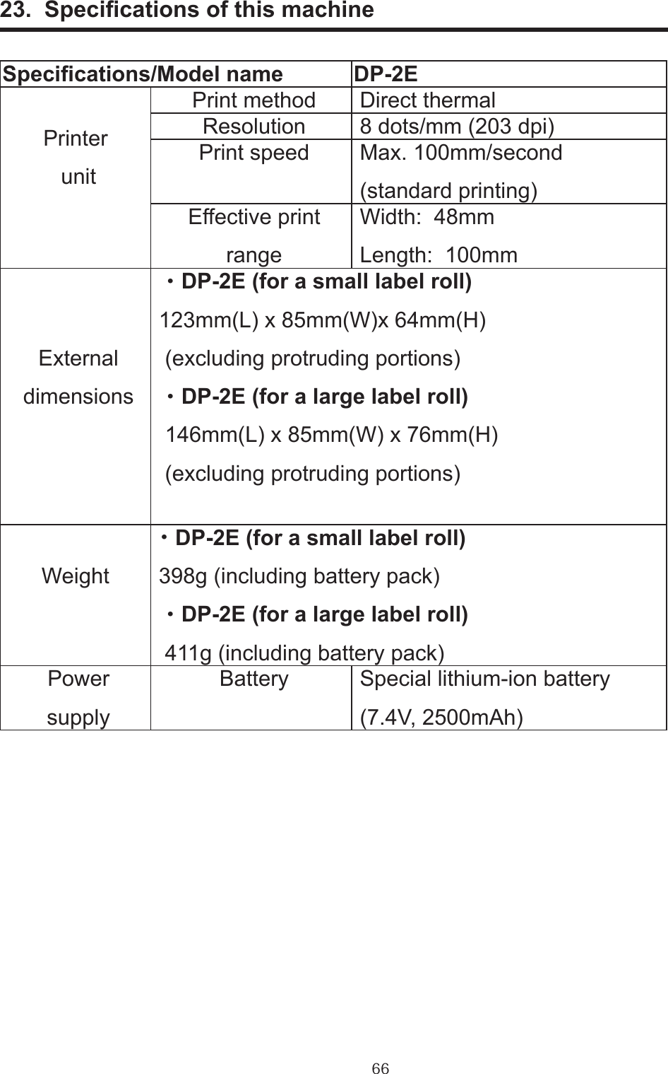 6623.  Specications of this machineSpecications/Model name DP-2E Printer unit Print method  Direct thermal Resolution  8 dots/mm (203 dpi) Print speed  Max. 100mm/second (standard printing) Effective print range Width:  48mm Length:  100mm  External dimensions  ・DP-2E (for a small label roll) 123mm(L) x 85mm(W)x 64mm(H)  (excluding protruding portions)  ・DP-2E (for a large label roll)  146mm(L) x 85mm(W) x 76mm(H)  (excluding protruding portions) Weight ・DP-2E (for a small label roll) 398g (including battery pack)  ・DP-2E (for a large label roll)  411g (including battery pack) Power supply Battery  Special lithium-ion battery (7.4V, 2500mAh)