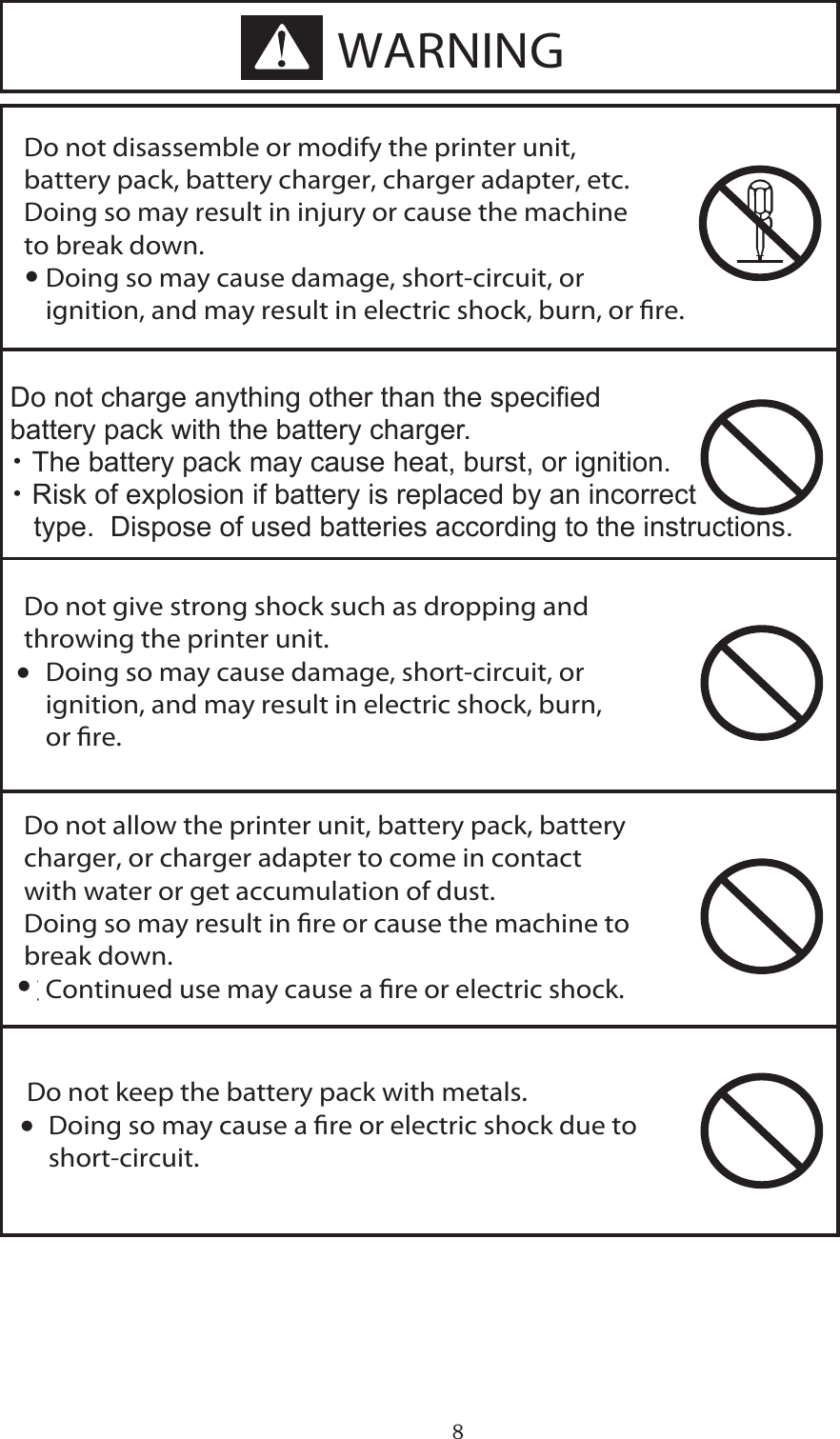 8Do not disassemble or modify the printer unit, battery pack, battery charger, charger adapter, etc.Doing so may result in injury or cause the machine to break down.∑ Doing so may cause damage, short-circuit, or   ignition, and may result in electric shock, burn, or re.Do not keep the battery pack with metals. ∑ Doing so may cause a re or electric shock due to   short-circuit.Do not allow the printer unit, battery pack, battery charger, or charger adapter to come in contact with water or get accumulation of dust.Doing so may result in re or cause the machine to break down.∑ Continued use may cause a re or electric shock.Do not give strong shock such as dropping and throwing the printer unit.∑ Doing so may cause damage, short-circuit, or   ignition, and may result in electric shock, burn,   or re.Do not charge anything other than the specied battery pack with the battery charger.∑ The battery pack may cause heat, burst, or   ignition.WARNING・・・・Do not charge anything other than the speciedbattery pack with the battery charger.・ The battery pack may cause heat, burst, or ignition.・ Risk of explosion if battery is replaced by an incorrect   type.  Dispose of used batteries according to the instructions.