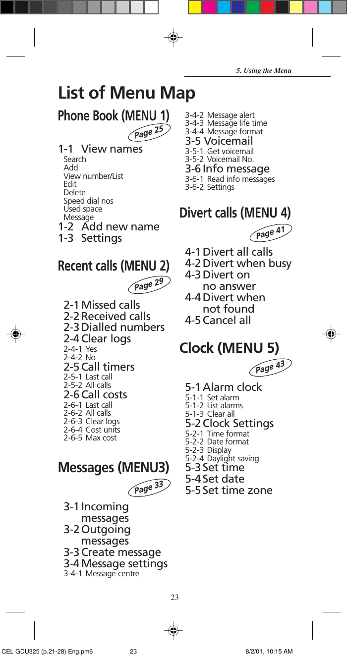 231-1 View namesSearchAddView number/ListEditDeleteSpeed dial nosUsed spaceMessage1-2 Add new name1-3 SettingsRecent calls (MENU 2)2-1 Missed calls2-2 Received calls2-3 Dialled numbers2-4 Clear logs2-4-1 Yes2-4-2 No2-5 Call timers2-5-1 Last call2-5-2 All calls2-6 Call costs2-6-1 Last call2-6-2 All calls2-6-3 Clear logs2-6-4 Cost units2-6-5 Max costMessages (MENU3)3-1 Incomingmessages3-2 Outgoingmessages3-3 Create message3-4 Message settings3-4-1 Message centre3-4-2 Message alert3-4-3 Message life time3-4-4 Message format3-5 Voicemail3-5-1 Get voicemail3-5-2 Voicemail No.3-6 Info message3-6-1 Read info messages3-6-2 SettingsDivert calls (MENU 4)4-1 Divert all calls4-2 Divert when busy4-3 Divert onno answer4-4 Divert whennot found4-5 Cancel allClock (MENU 5)5-1 Alarm clock5-1-1 Set alarm5-1-2 List alarms5-1-3 Clear all5-2 Clock Settings5-2-1 Time format5-2-2 Date format5-2-3 Display5-2-4 Daylight saving5-3 Set time5-4 Set date5-5 Set time zoneList of Menu MapPhone Book (MENU 1)Page 25Page 29Page 33Page 41Page 435. Using the Menu CEL GDU325 (p.21-28) Eng.pm6 8/2/01, 10:15 AM23