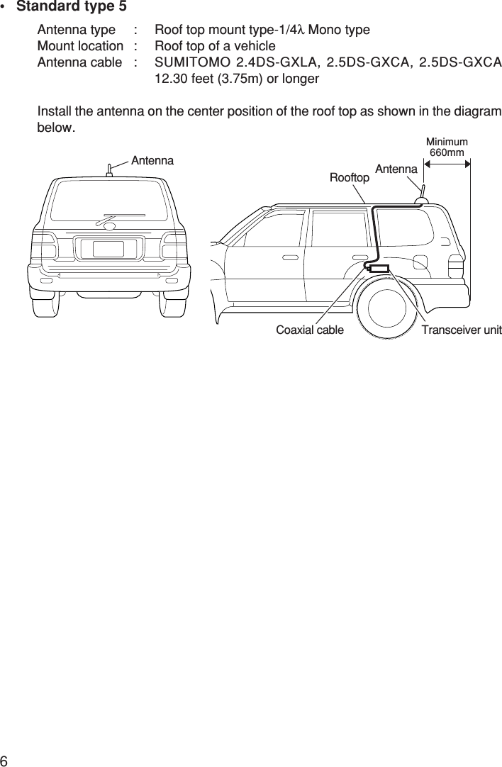 6•Standard type 5Antenna type : Roof top mount type-1/4λ Mono typeMount location : Roof top of a vehicleAntenna cable : SUMITOMO 2.4DS-GXLA, 2.5DS-GXCA, 2.5DS-GXCA12.30 feet (3.75m) or longerInstall the antenna on the center position of the roof top as shown in the diagrambelow.AntennaRooftopTransceiver unitAntennaCoaxial cableMinimum660mm