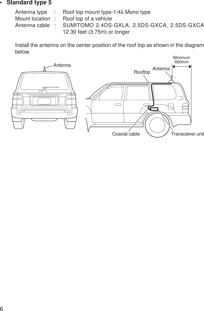 6•Standard type 5Antenna type : Roof top mount type-1/4λ Mono typeMount location : Roof top of a vehicleAntenna cable : SUMITOMO 2.4DS-GXLA, 2.5DS-GXCA, 2.5DS-GXCA12.30 feet (3.75m) or longerInstall the antenna on the center position of the roof top as shown in the diagrambelow.AntennaRooftopTransceiver unitAntennaCoaxial cableMinimum660mm