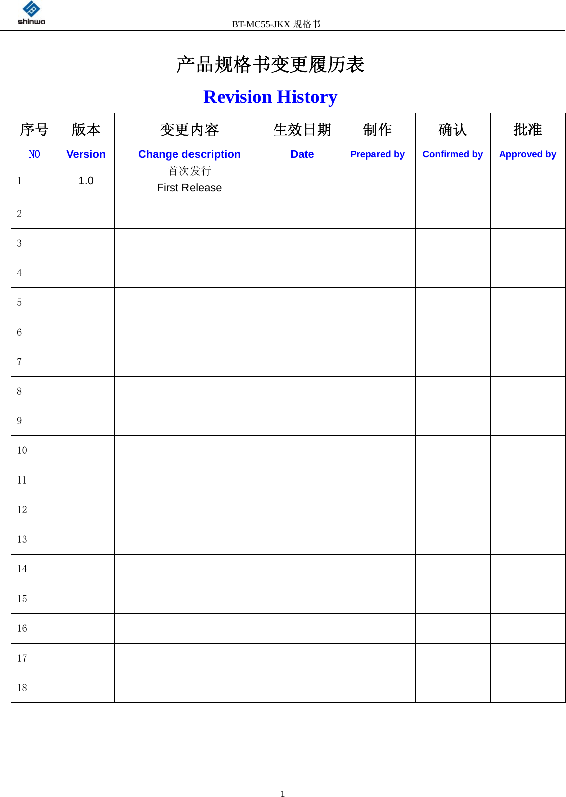         BT-MC55-JKX规格书                                              1   产品规格书变更履历表    Revision History 序号 NO 版本 Version 变更内容 Change description 生效日期Date 制作 Prepared by 确认 Confirmed by 批准 Approved by1  1.0  首次发行 First Release      2         3         4         5         6         7         8         9         10         11         12         13         14         15         16         17         18              