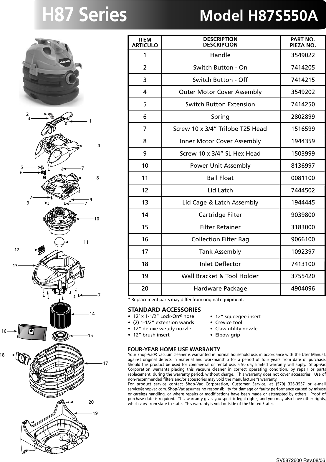 Page 1 of 1 - Shop-Vac Shop-Vac-H87-Series-H87S550A-Users-Manual- Sv5872500 Rev. 08-06  Shop-vac-h87-series-h87s550a-users-manual