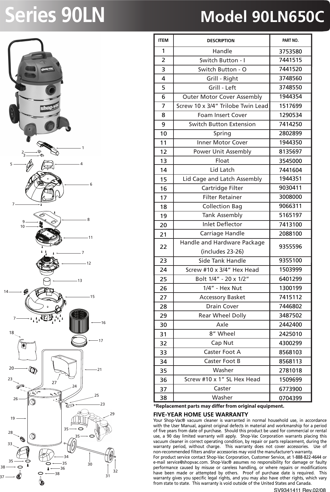 Page 1 of 1 - Shop-Vac Shop-Vac-Series-90Ln-90Ln650C-Users-Manual- PG1SV9341411 Rev.08-06  Shop-vac-series-90ln-90ln650c-users-manual