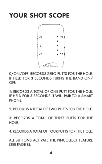 4your shot scope0/ON/OFF: RECORDS ZERO PUTTS FOR THE HOLE. IF HELD FOR 3 SECONDS TURNS THE BAND ON/OFF.1: RECORDS A TOTAL OF ONE PUTT FOR THE HOLE. IF HELD FOR 3 SECONDS IT WILL PAIR TO A SMART PHONE.2: RECORDS A TOTAL OF TWO PUTTS FOR THE HOLE.3: RECORDS A TOTAL OF THREE PUTTS FOR THE HOLE.4: RECORDS A TOTAL OF FOUR PUTTS FOR THE HOLE.ALL BUTTONS ACTIVATE THE PINCOLLECT FEATURE (SEE PAGE 8).