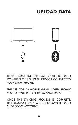 9upload dataEITHER CONNECT THE USB CABLE TO YOUR COMPUTER OR, USING BLUETOOTH, CONNECT TO YOUR SMARTPHONE.THE DESKTOP OR MOBILE APP WILL THEN PROMPT YOU TO SYNC YOUR PERFORMANCE DATA.ONCE THE SYNCING PROCESS IS COMPLETE, PERFORMANCE DATA WILL BE SHOWN IN YOUR SHOT SCOPE ACCOUNT.