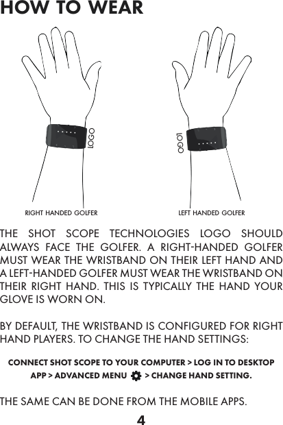 4how to wearleft handed golferright handed golferlogologoTHE SHOT SCOPE TECHNOLOGIES LOGO SHOULD ALWAYS FACE THE GOLFER. A RIGHT-HANDED GOLFER MUST WEAR THE WRISTBAND ON THEIR LEFT HAND AND A LEFT-HANDED GOLFER MUST WEAR THE WRISTBAND ON THEIR RIGHT HAND. THIS IS TYPICALLY THE HAND YOUR GLOVE IS WORN ON.BY DEFAULT, THE WRISTBAND IS CONFIGURED FOR RIGHT HAND PLAYERS. TO CHANGE THE HAND SETTINGS: CONNECT SHOT SCOPE TO YOUR COMPUTER &gt; LOG IN TO DESKTOP APP &gt; ADVANCED MENU         &gt; CHANGE HAND SETTING. THE SAME CAN BE DONE FROM THE MOBILE APPS.