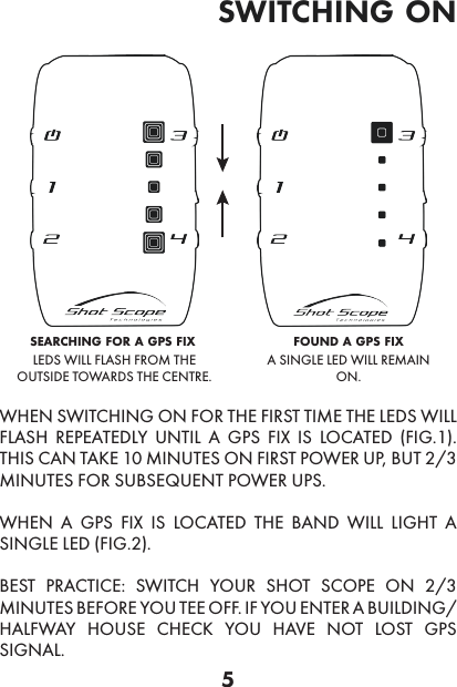 5switching onsearching for a gps fix found a gps fixLEDS WILL FLASH FROM THE OUTSIDE TOWARDS THE CENTRE.A SINGLE LED WILL REMAIN ON.WHEN SWITCHING ON FOR THE FIRST TIME THE LEDS WILL FLASH REPEATEDLY UNTIL A GPS FIX IS LOCATED (FIG.1). THIS CAN TAKE 10 MINUTES ON FIRST POWER UP, BUT 2/3 MINUTES FOR SUBSEQUENT POWER UPS. WHEN A GPS FIX IS LOCATED THE BAND WILL LIGHT A SINGLE LED (FIG.2).BEST PRACTICE: SWITCH YOUR SHOT SCOPE ON 2/3 MINUTES BEFORE YOU TEE OFF. IF YOU ENTER A BUILDING/HALFWAY HOUSE CHECK YOU HAVE NOT LOST GPS SIGNAL.