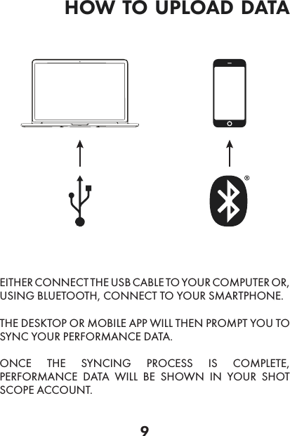 9 how to upload dataEITHER CONNECT THE USB CABLE TO YOUR COMPUTER OR, USING BLUETOOTH, CONNECT TO YOUR SMARTPHONE.THE DESKTOP OR MOBILE APP WILL THEN PROMPT YOU TO SYNC YOUR PERFORMANCE DATA.ONCE THE SYNCING PROCESS IS COMPLETE, PERFORMANCE DATA WILL BE SHOWN IN YOUR SHOT SCOPE ACCOUNT.