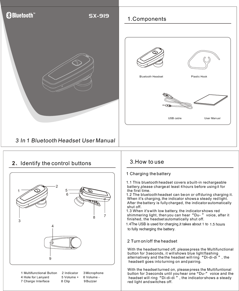 1.ComponentsUser Manual Bluetooth Headset USB cable3 In 1 Bluetooth Headset User Manual1.1 This bluetooth headset covers a built-in rechargeable  battery,please charge at least 4 hours before using it for the first time.1.2 The bluetooth headset can be on or off during charging it.  When it&apos;s charging, the indicator shows a steady red light.  After the battery is fully charged, the indicator automatically  shut off. 1.3 When it&apos;s with low battery, the indicator shows red  shimmering light, then you can hear  Du-   voice, after it  finished, the headset automatically shut off.   Plastic Hook3.How to use1 Charging the battery2 Turn on/off the headset2Identify the control buttons1 Multifunctional Button      2 Indicator      3 Microphone  4 Hole for Lanyard               5 Volume +      6 Volume -    7 Charge Interface              8 Clip                9 Buzzer12657398SX-919With the headset turned off, please press the Multifunctional button for 3 seconds, it will shows blue light flashing alternatively and the the headset will ring  Di-di-di  , the headsett goes into turning on and pairing. With the headset turned on, please press the Multifuntional button for 3 seconds until you hear one Du-  voice and the headset will ring  Di-di-di  , the indicator shows a steady red light and switches off.41.4The USB is used for charging,it takes about 1 to 1.5 hours to fully recharging the battery.